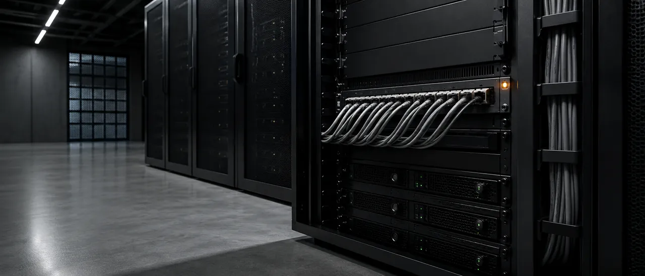 A 19-inch server rack with a Cat6 patch panel in focus, in a clean UK data centre aisle