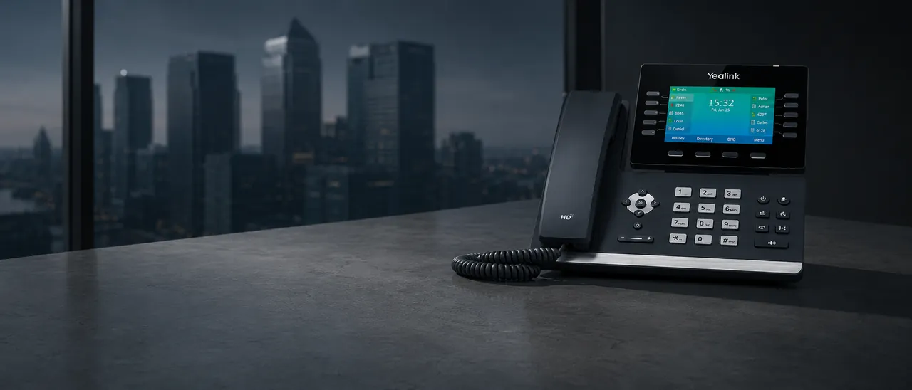 Yealink T54W desk phone in a high-floor Canary Wharf office overlooking the Wharf skyline