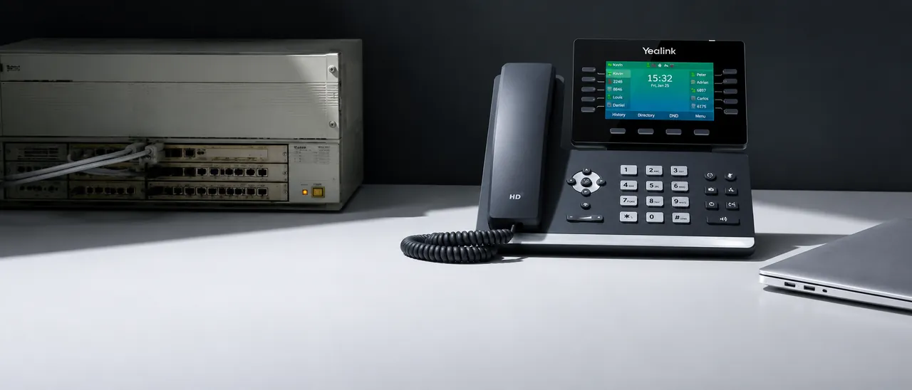 Beige 1990s analogue PBX appliance with visible cabling on the left of frame, modern matte-black VoIP desk phone and thin silver laptop on the right, studio still life on Gray 10