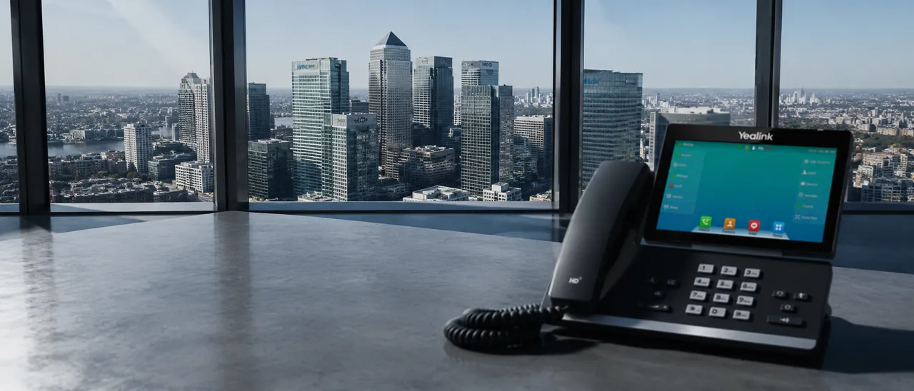 Canary Wharf skyline visible through a high-floor London office window, with a matte-black Yealink desk phone in the foreground anchoring the composition