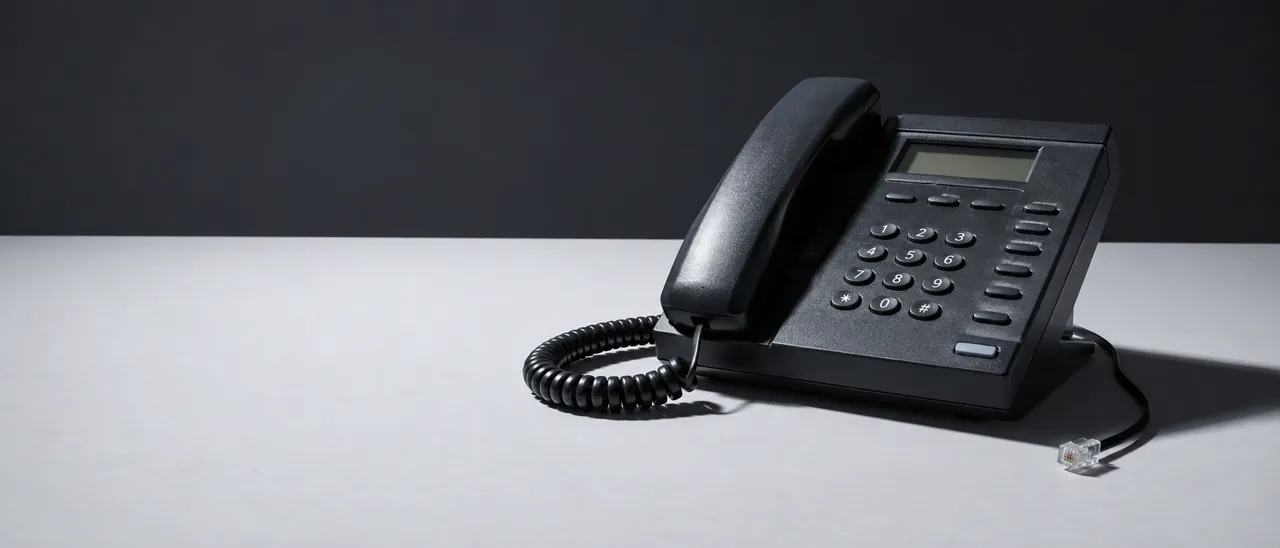 Black BT Versatility ISDN business desk phone with coiled handset cord and unplugged RJ11 connector, lit by a single hard overhead key on a Gray 10 surface